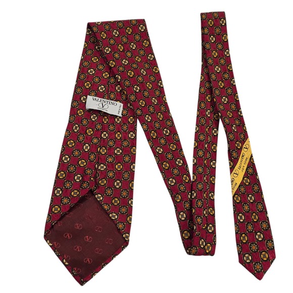 Valentino Cravette Mens Necktie Luxury Red Silk Floral Boho Designer Manmade - Picture 1 of 12